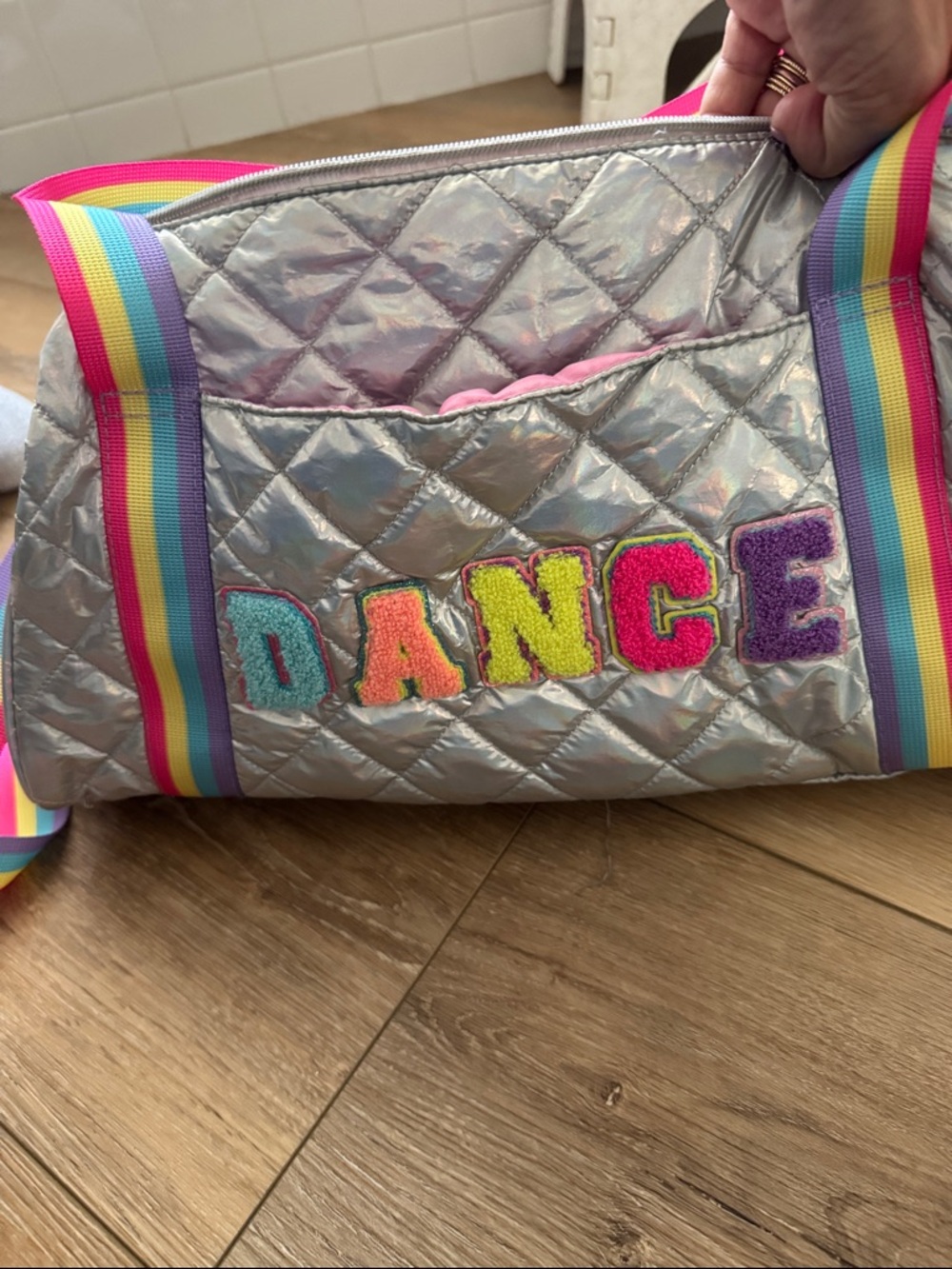Silver Quilted Dance Duffle Bag with Rainbow Straps